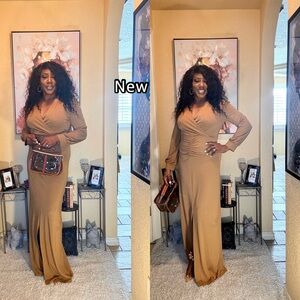 Chic Long Sleeve Tan Maxi Dress